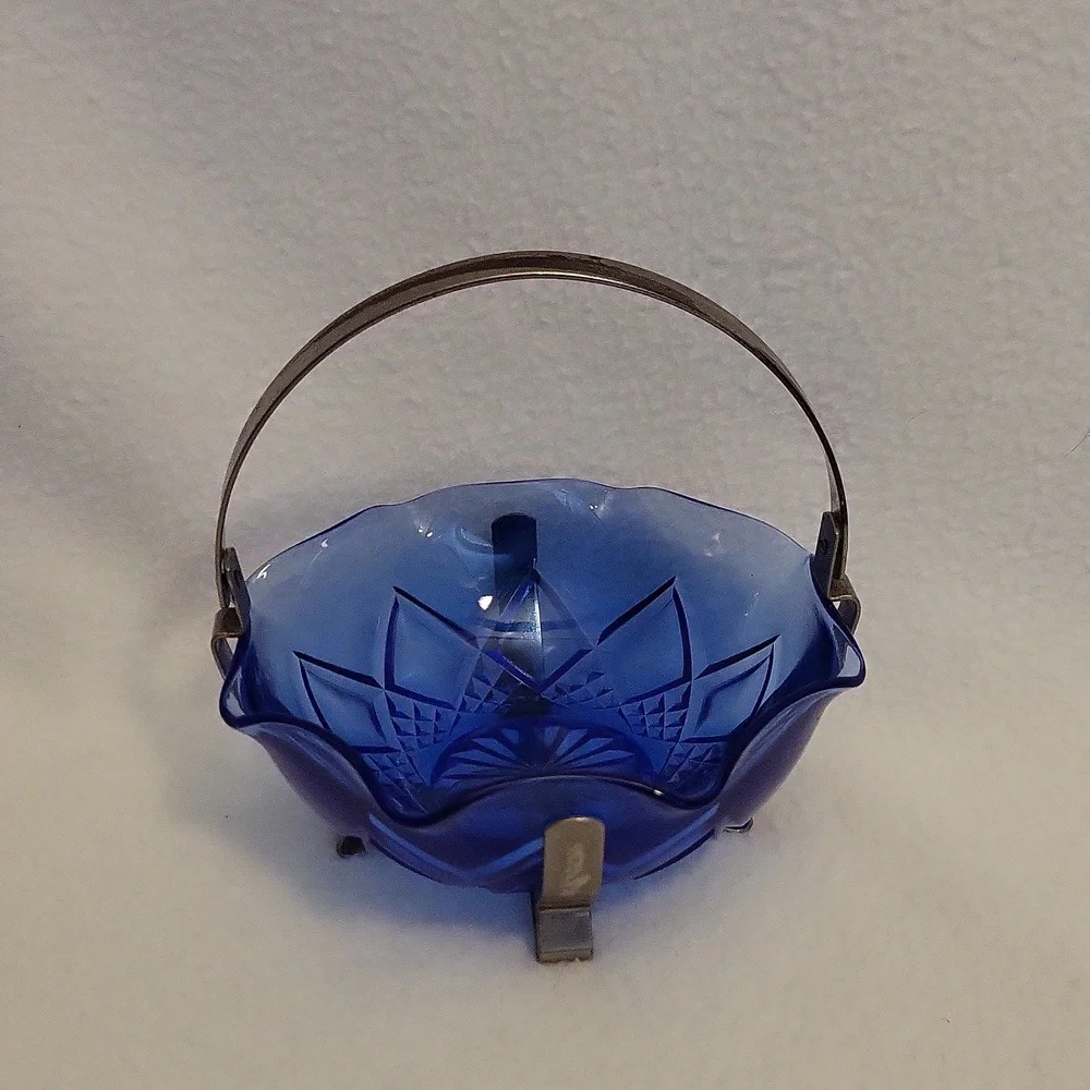 Vintage Cobalt Blue Glass Bowl with Metal Handle